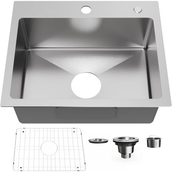 Bathenum 20" x 16" Drop in Kitchen Sink 304 Stainless Steel Single Bowl Topmount Kitchen Sink with Drain Kit and Bottom Grid, Brushed