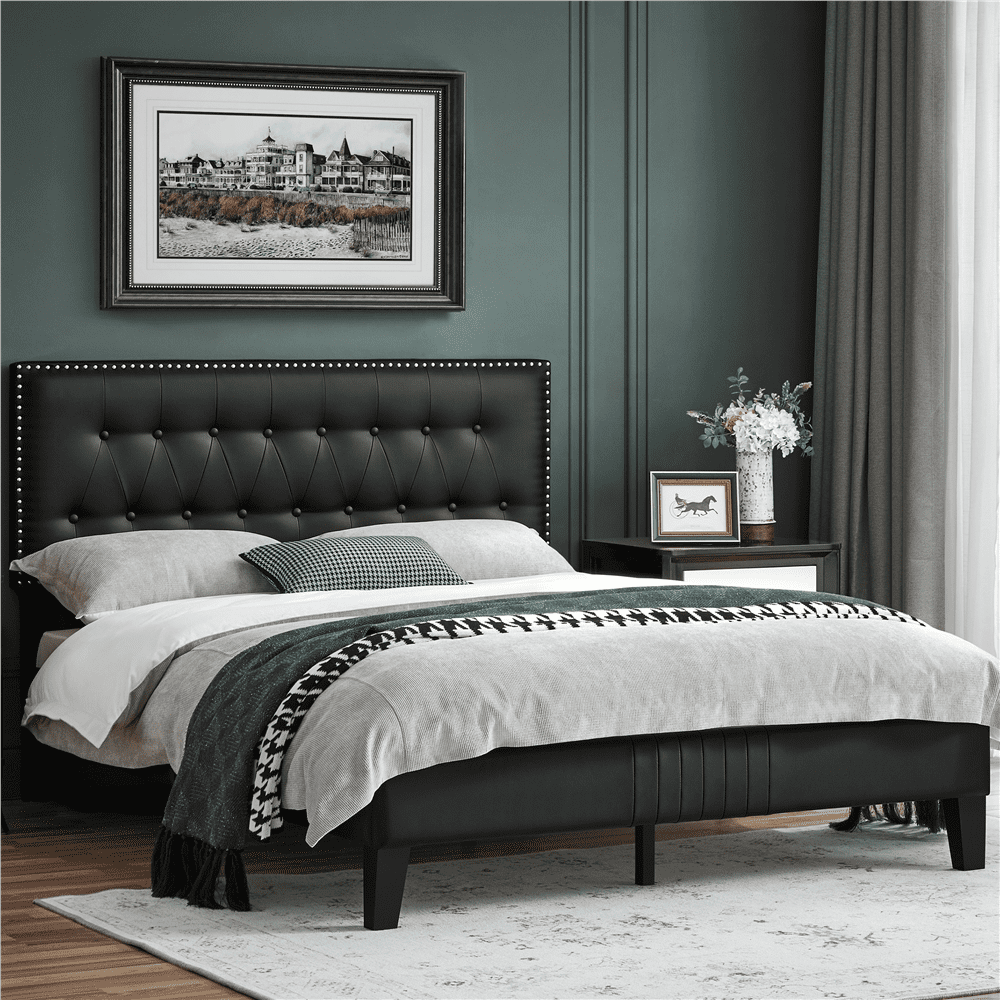 Topeakmart Upholstered Platform Bed Frame with ButtonTufted Leather