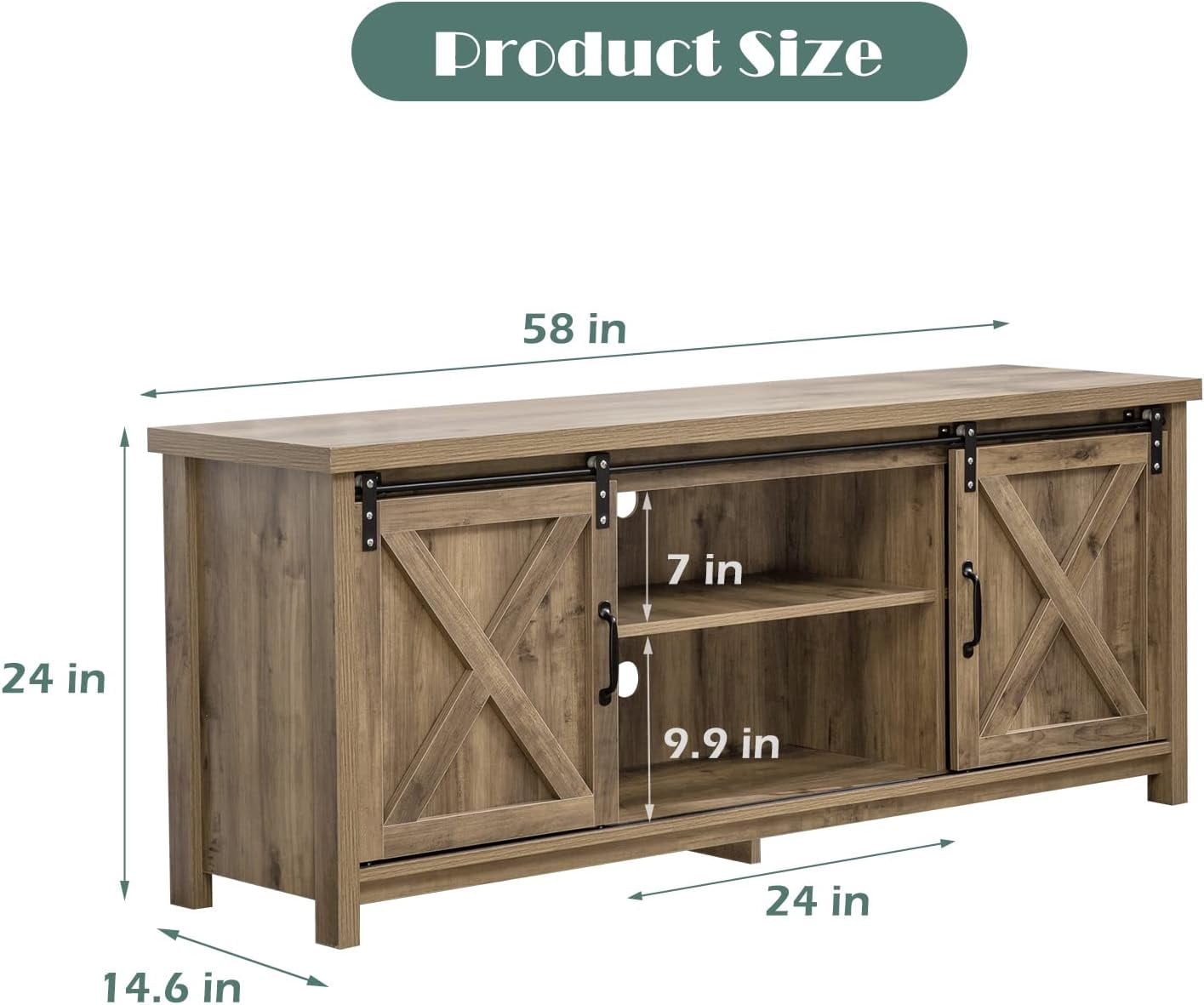 Reliancer Farmhouse TV Stand for TVs up to 65”, with Sliding Barn Doors, Light Grey