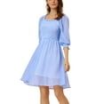 thumbnail image 4 of INSPIRE CHIC Women's Summer Plaid Ruffle Square Neck  3/4 Sleeve A-Line  Dress M Light Blue, 4 of 5