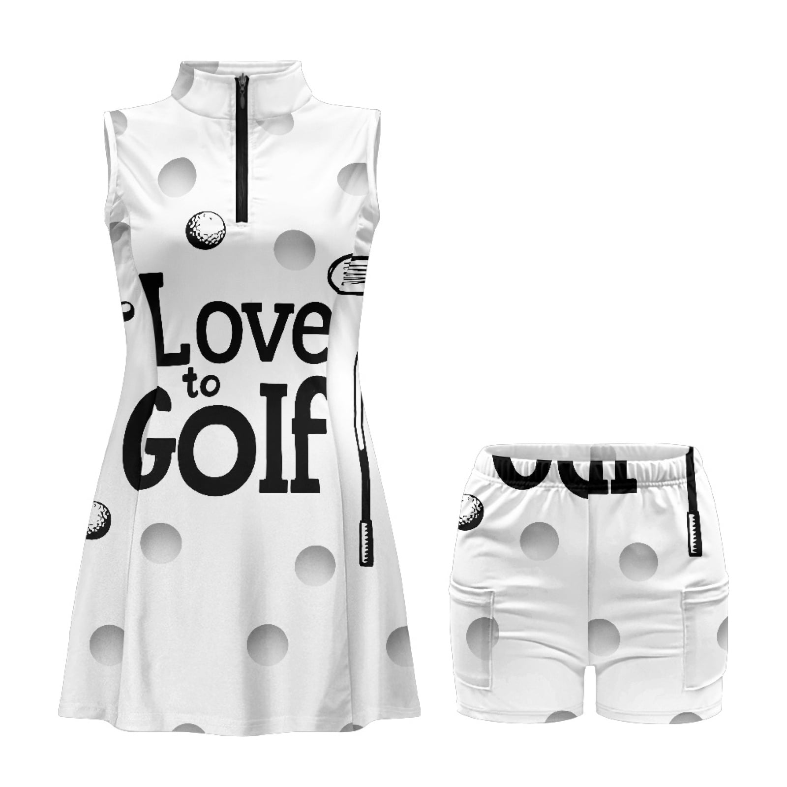 COEQINE Love to Golf Ball Print Golf Dresses for Women Sleeveless Breathable Athletic Dresses 2 Piece Set Lightweight V-Neck Workout Outfits with Pockets and Shorts, 2XL