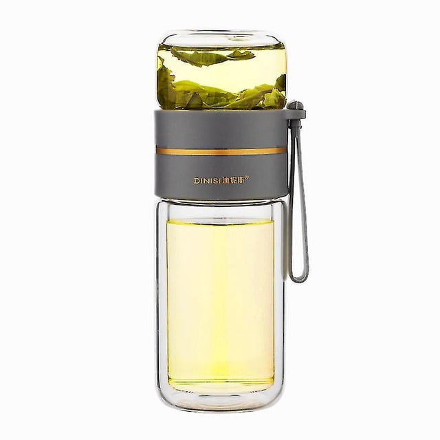 Botella de té con infusor de vidrio de doble pared, vaso de té con infusor, botella de té portátil para té suelto, taza de té de viaje con colador, taza de té de doble uso, gris