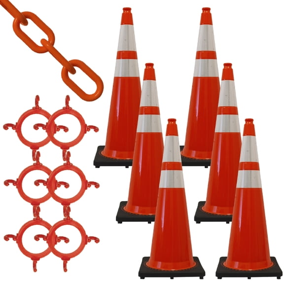 36 Inch Safety Green Reflective Traffic Cone and Chain Kit (6 Pk)