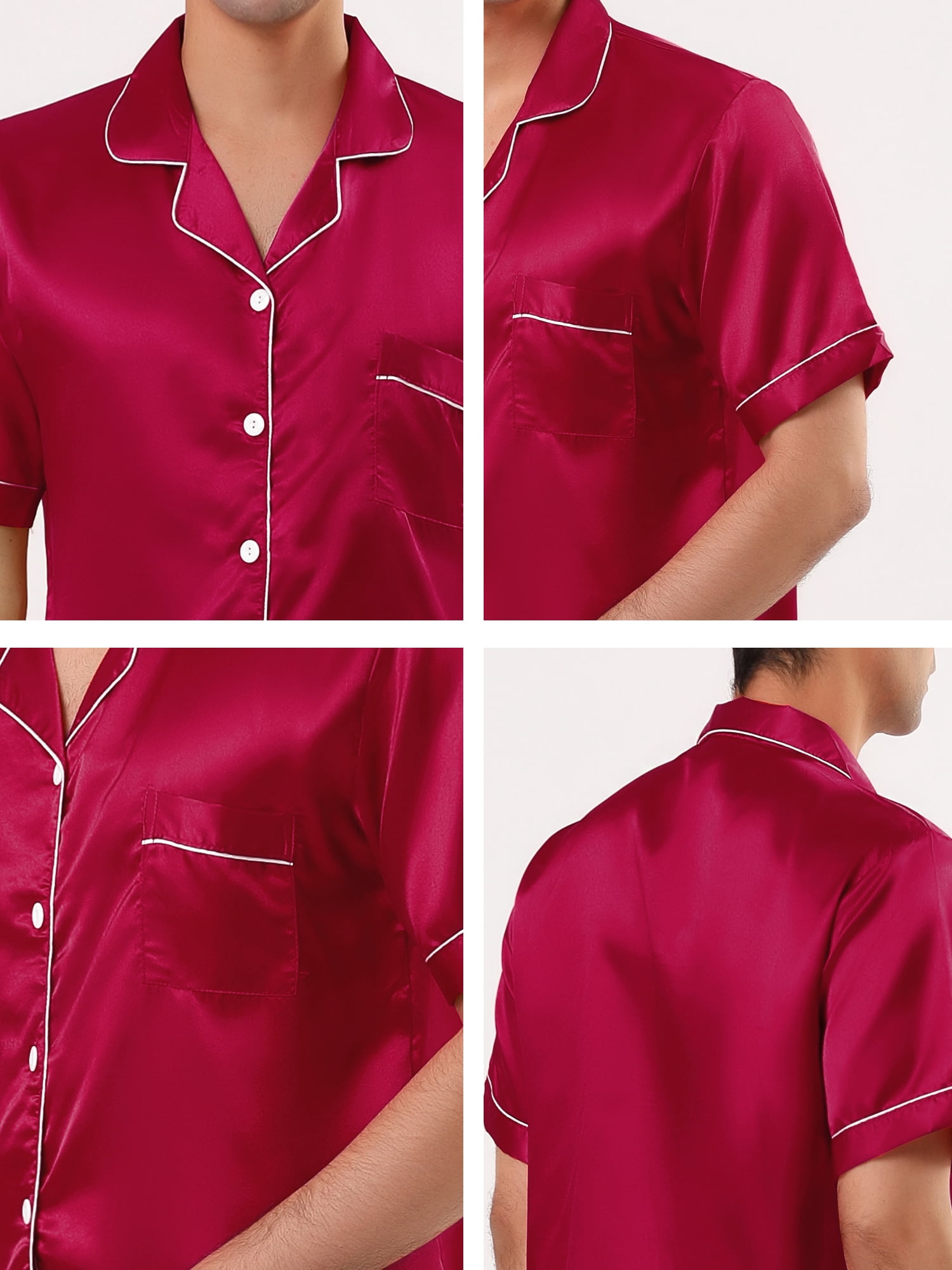 Unique Bargains Men's Button Down Satin Pajama Sets Short Sleeves Nightwear Large Burgundy