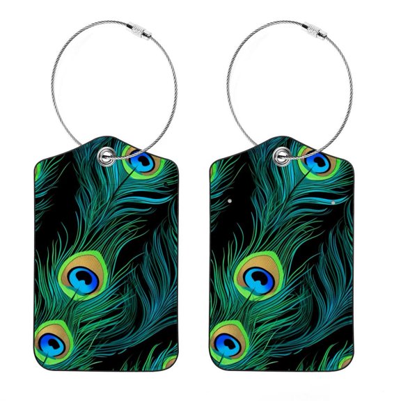 Luggage Tag, Travel Tags, Handbag Tag - Square PU Leather 2 Pack with Privacy Cover and Stainless Steel Ring - Suitable for Travel, Backpack, Handbag [Amazon Approved] Peacock Feather