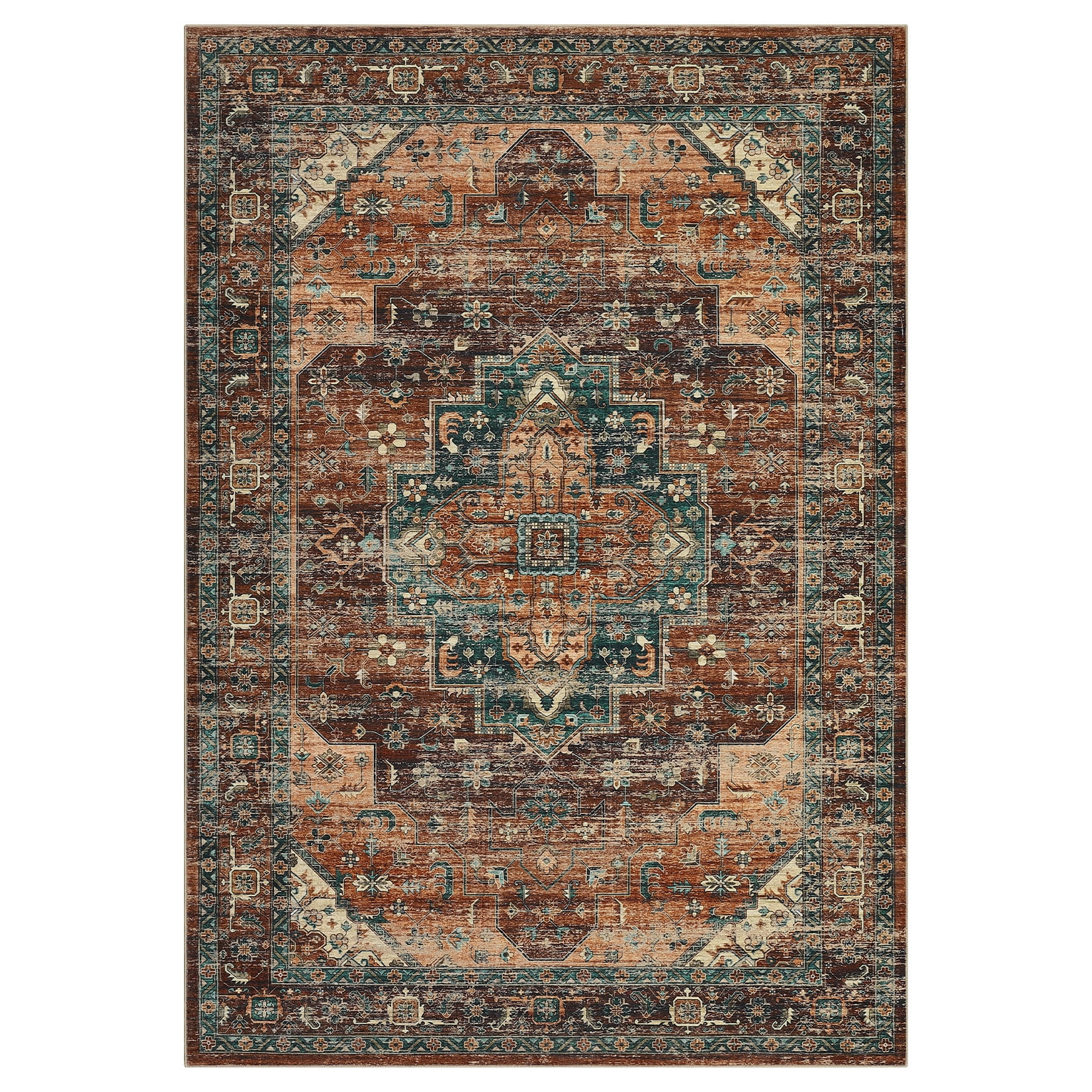 Garvee 10'x13' Large Area Rug for Living Room Vintage Medallion Rug Floral Print Rug Non Slip Low Pile Indoor Bedroom Rug, Brown