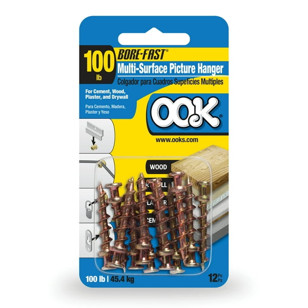 OOK Borefast Picture Hangers, Multisurface, Steel, 100LB, 12 Pieces