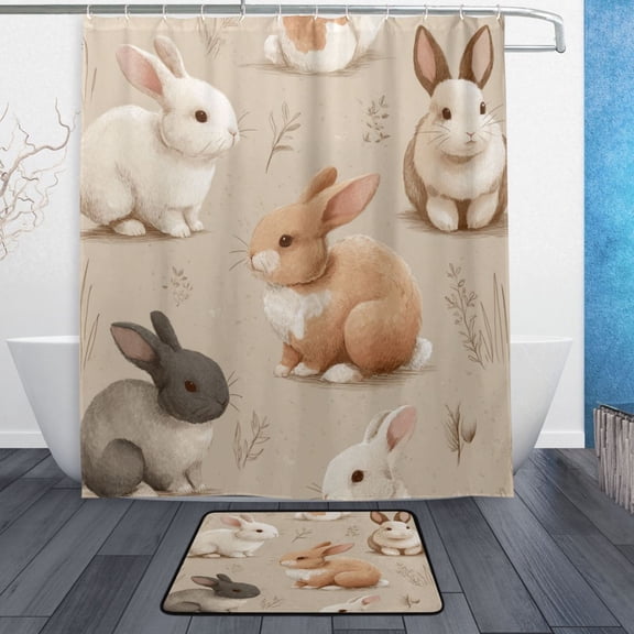 TTYFWHD 60" x 72" Shower Curtain and Bath Mat Set Vintage Hare Patch Waterproof Bathroom Curtain with 12 Hooks, Bathroom Decor Set
