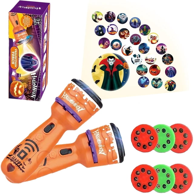 2Pcs Halloween Projector Torch for Kids,Halloween Slide Projector Torch with Realistic 24 Patterns Flashlight Projector,Kids Sleep Story Projector for Fun Halloween Party Bag Fillers