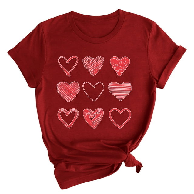 Diufon Hauts de la Saint-Valentin pour Femmes Manches Courtes Col Rond Tunique Chemise Décontractée Tendance Mignonne Imprimée Graphique Blouse