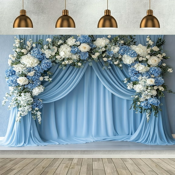 White Blue Floral Wedding Backdrop Elegant Tulle Curtain Wedding Ceremony Bridal Shower Party Decorations Banner Photo Props