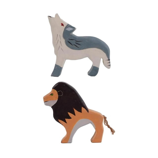2 figuras de animales de madera de simulación, juguetes de aprendizaje, juego de animales lobo león
