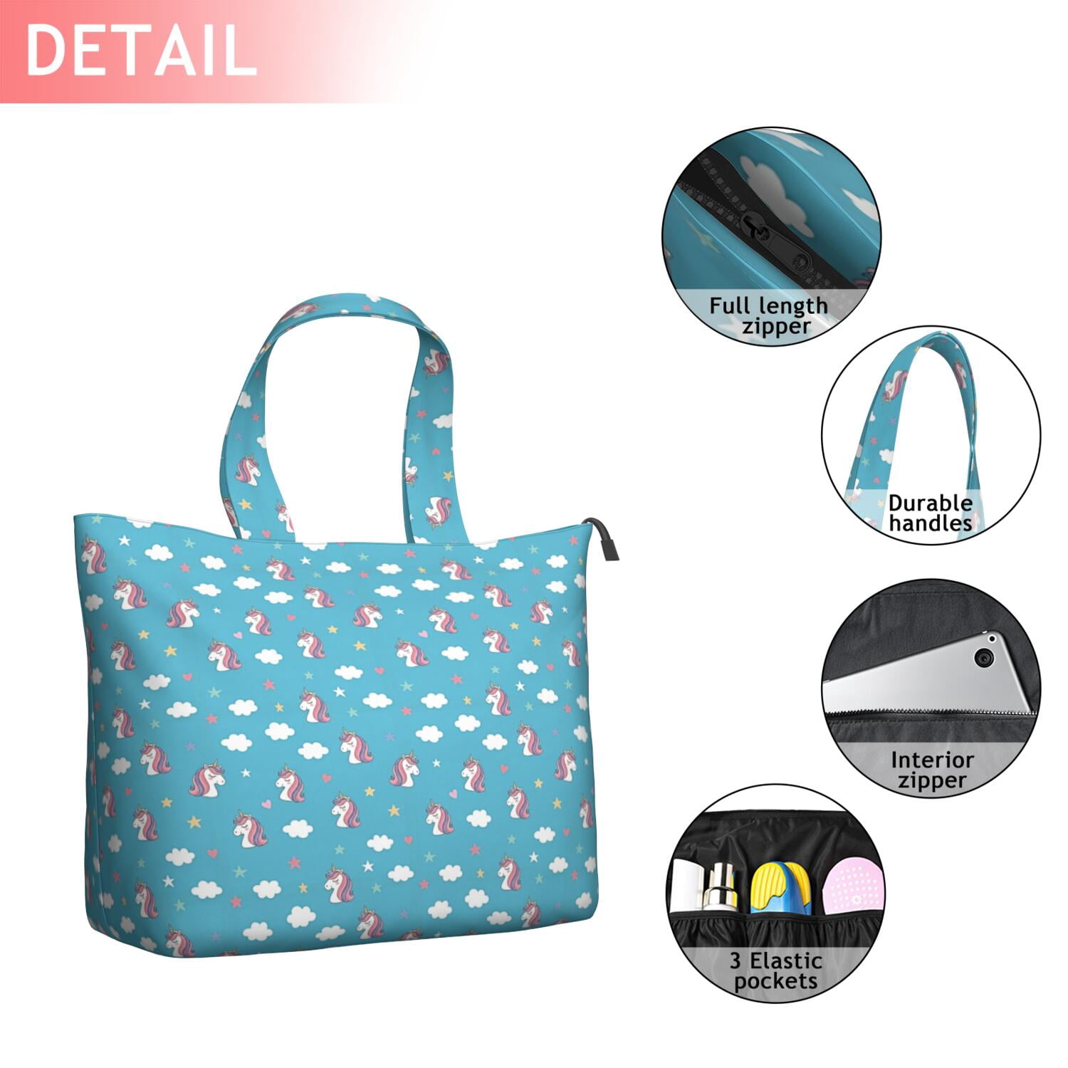 Blue Cartoon Unicorn Head Star Cloud Pattern Travel Tote Bags for Women Carry On,Large Weekender Bags for Women Travel,Multi Functional Duffle Bag for Work,Shopping,Sports