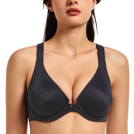 MELENECA Women s Racerback Front Closure Bras Plunge Unlined Full Coverage Seamless Underwire Bra Black 48D