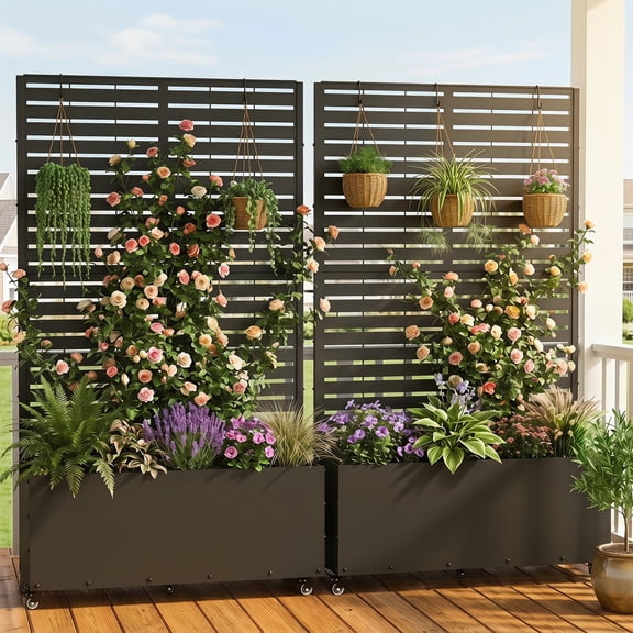 FOOWIN 71" H Metal Planter with Trellis  and Wheels Set of 2, Outdoor Raised Garden Bed for Climbing Plants, Trellis Planter Box with Drainage Hole, Black
