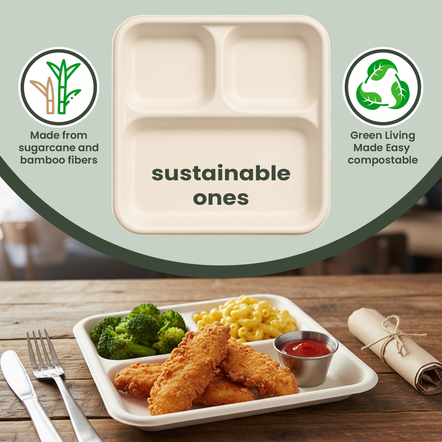 FPN Plates Square 3-Compartment 125 Pack Disposable Trays – Sugarcane Fiber, Biodegradable & Compostable, Paper Plates for Meals, Catering, School Lunch, Microwave & Freezer Safe