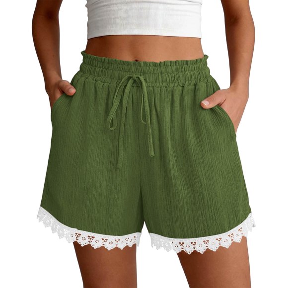 Iyufng Shorts d'Été pour Femmes en Dentelle à Cordon, Taille Élastique, à Enfiler, Jambes Larges, avec Poches
