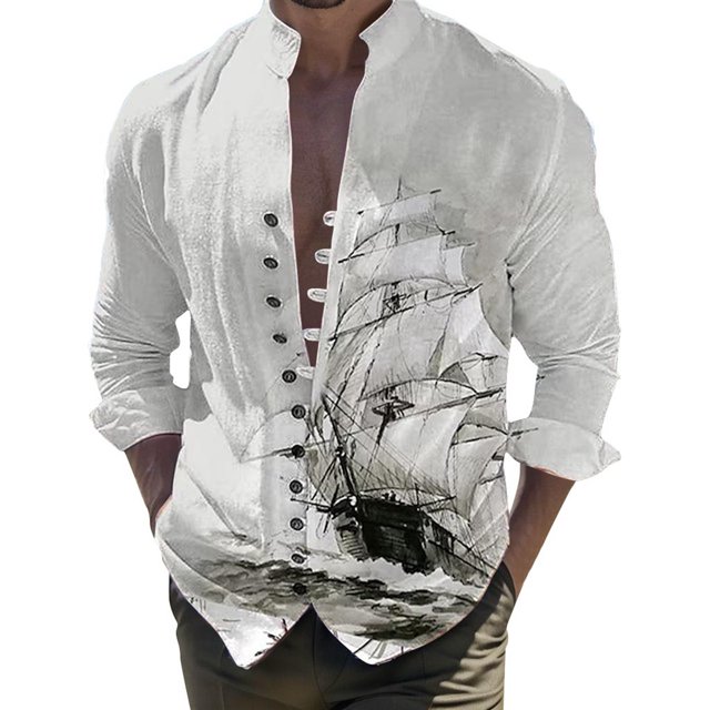 XDZJLR Chemise Homme Impression Numérique 3D Bateau Poche Boucle Col à Revers Manches Courtes