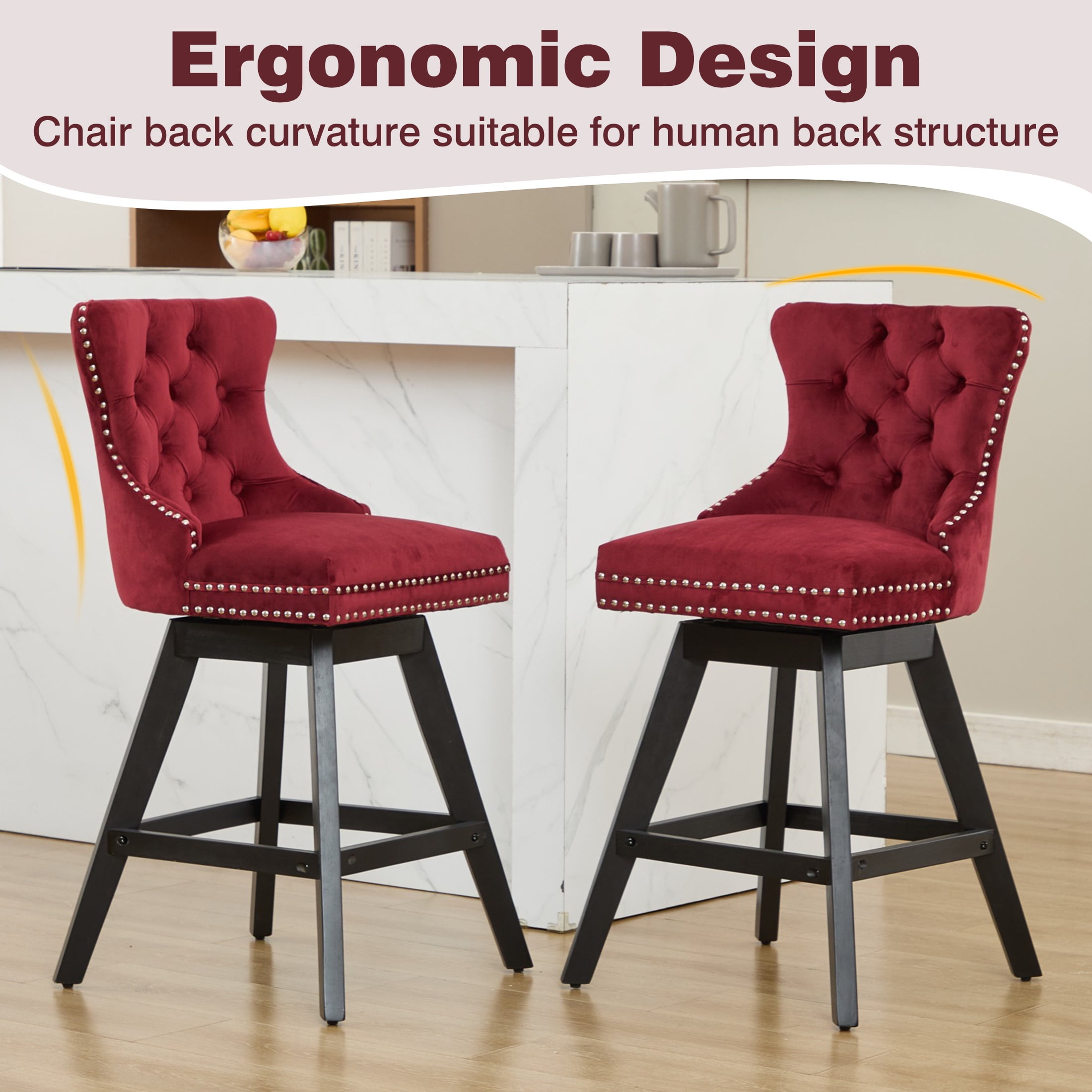 Swivel Bar Stools Set of 2, Velvet Counter Height Bar Stools with Back, Swivel Dining Chair with Button Tufted and Wooden Legs, Kitchen Chair Counter Stools for Kitchen Island Kitchen Counter, Red