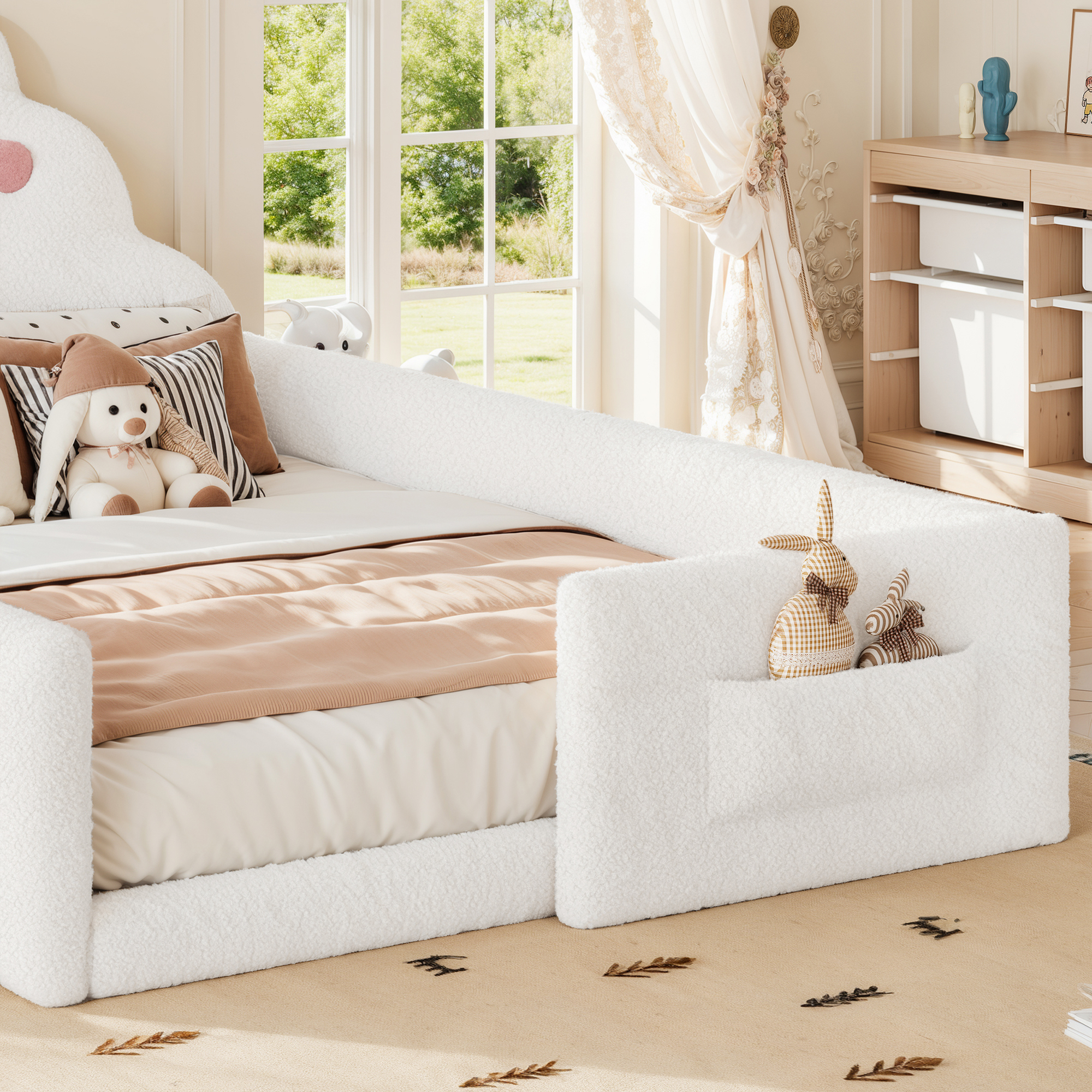 HOQBN Full Size Upholstered Floor Bed Frame, Soft Padded Upholstered Kids Bed, Safe Children Bed Frame with Side Storage Pocket for Bedroom White