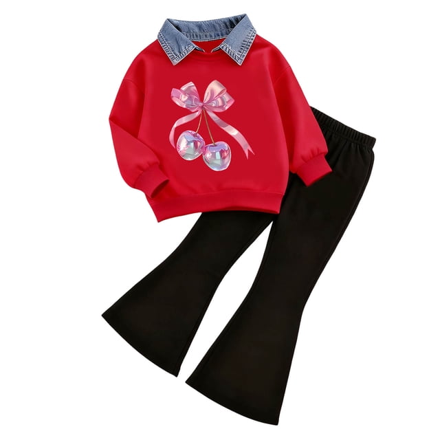 Caqnni Chandail Léger à Enfiler pour Fille, Doux, à Col Polo, et Pantalon Évasé Fluide, Ensemble Deux Pièces Confortable pour le Printemps et l'Automne (Rouge, 3-4 Ans)