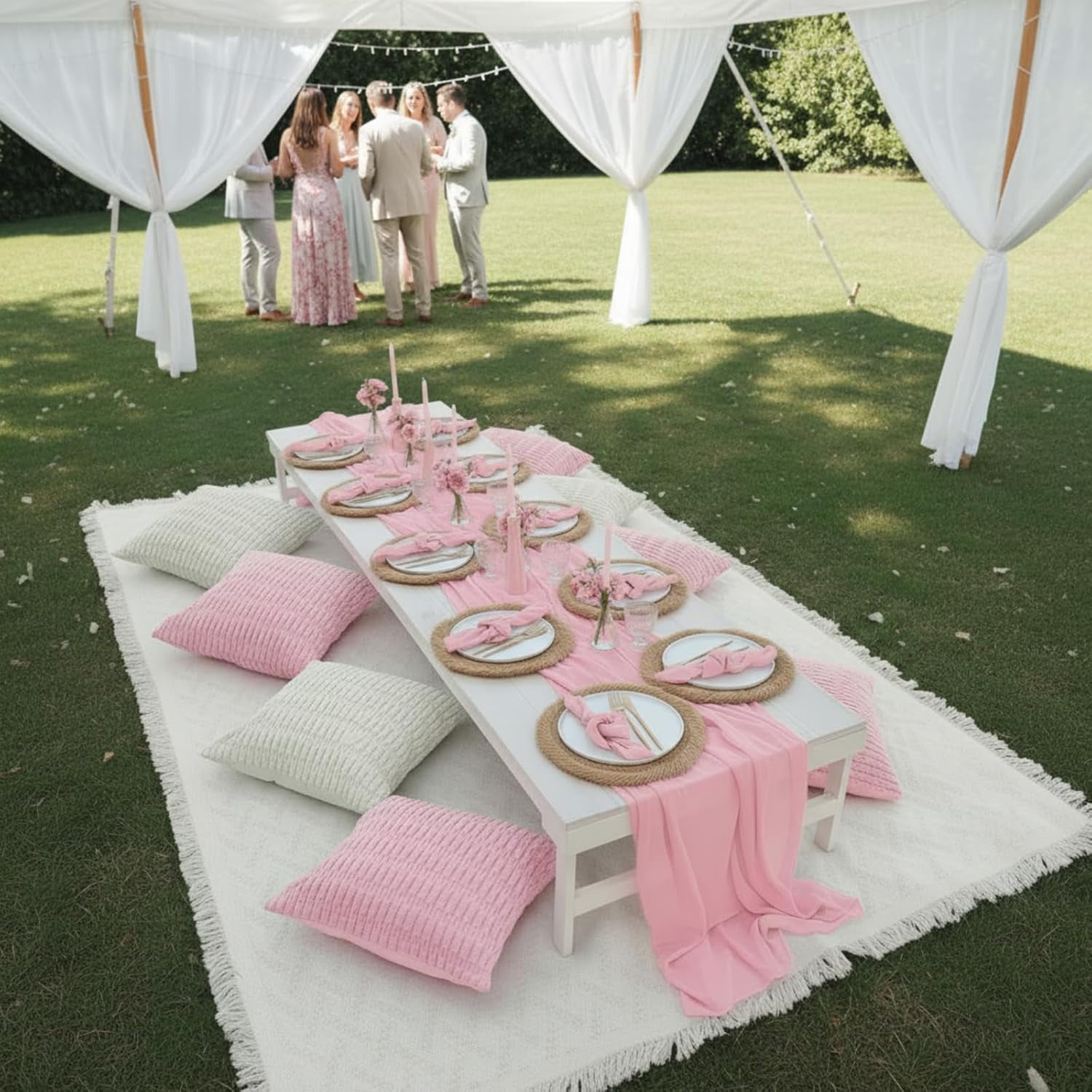 91 x 71 Extra Large Outdoor Boho Picnic Blanket with Pink Table Runner, 6 Throw Pillow Covers 6 Napkins Woven Cotton Yarn Oversize Beach Blanket Washable Picnic Camp Wedding