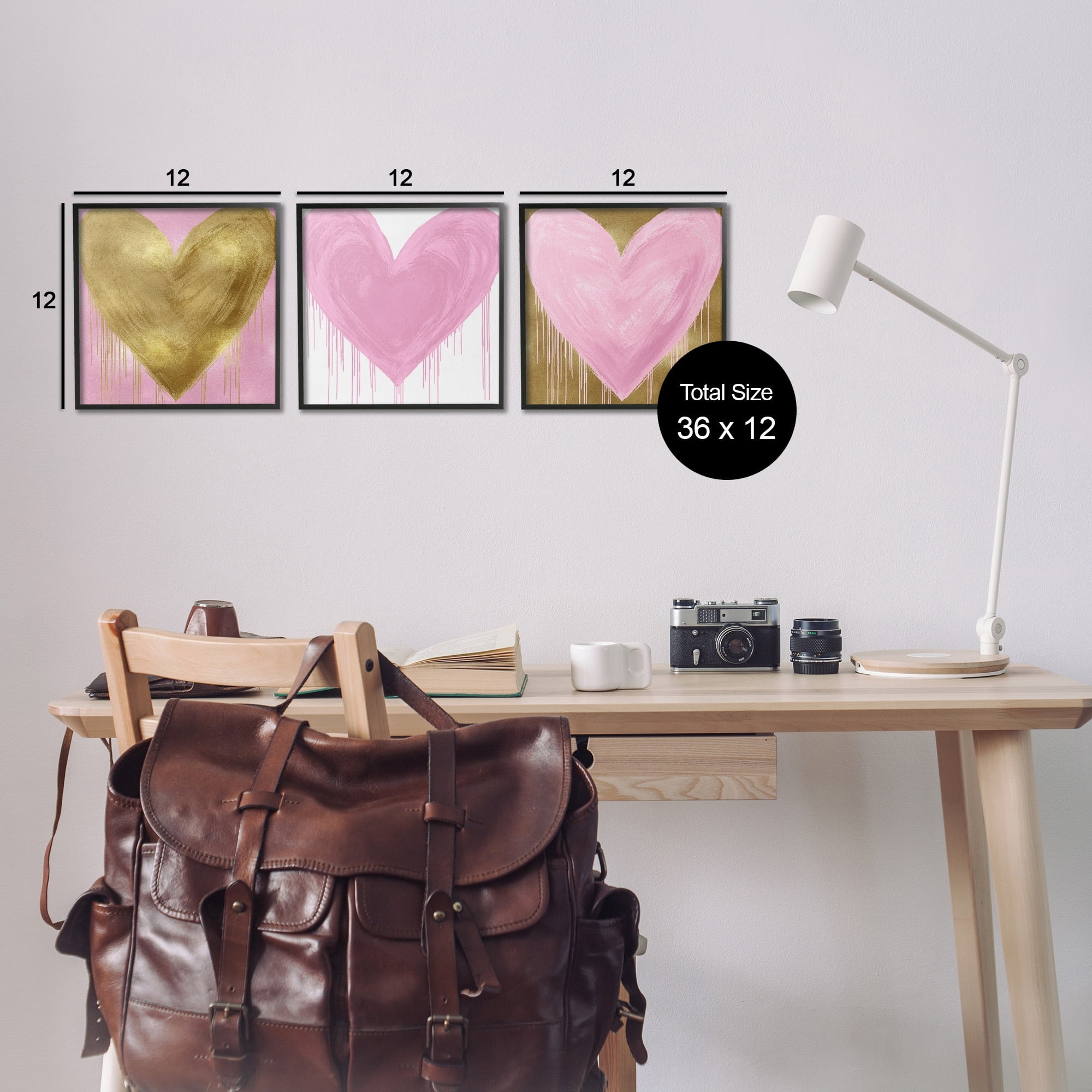 Stupell Industries Glam Paint Drip Hearts Design Pink Gold Shapes Framed Wall Art Design by Lindsay Rodgers, 3 Piece, 12" x 12", Black Framed