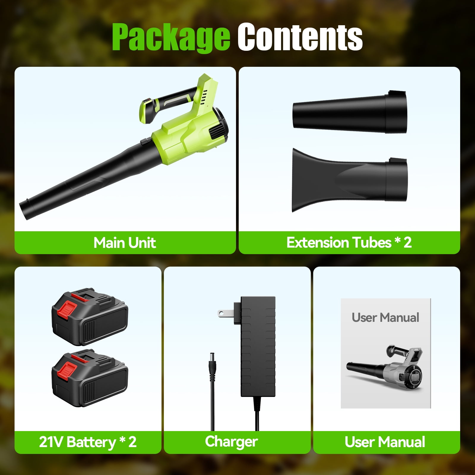 Fenbeli Leaf Blower Cordless with 2 Batteries, 450CFM/150MPH 21V Electric Leaf Blower Portable for Lawn Care, Green