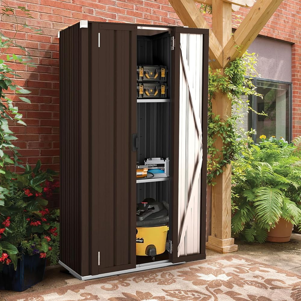 YODOLLA Outdoor Metal Storage, Cabinet with Adjustable Shelves & Locking Doors, for Home, Office,Garden, Brown