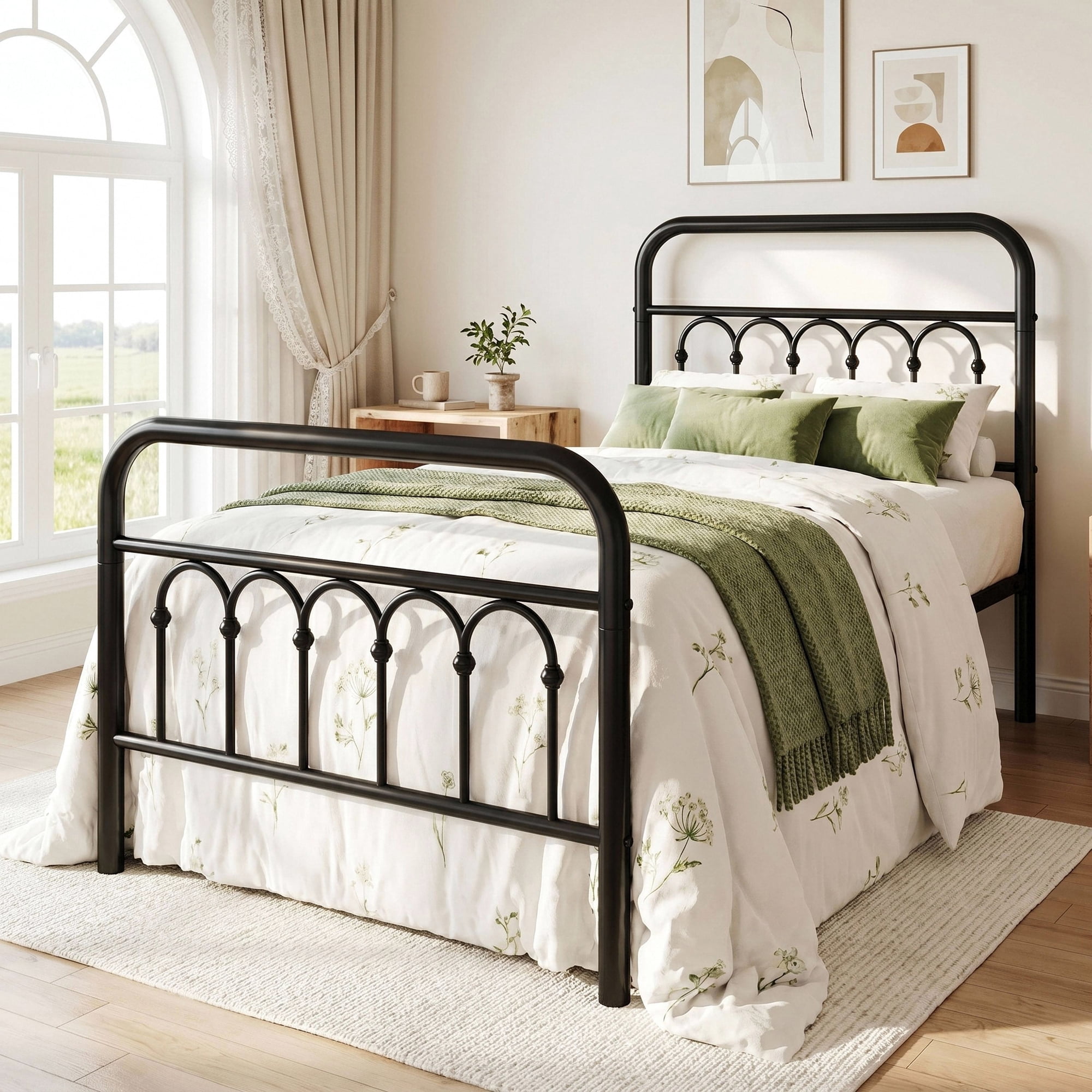 Amolife Twin Bed Frame, Metal Platform Bed with Vintage Curved Iron-Art Headboard, Easy Assembly, Black