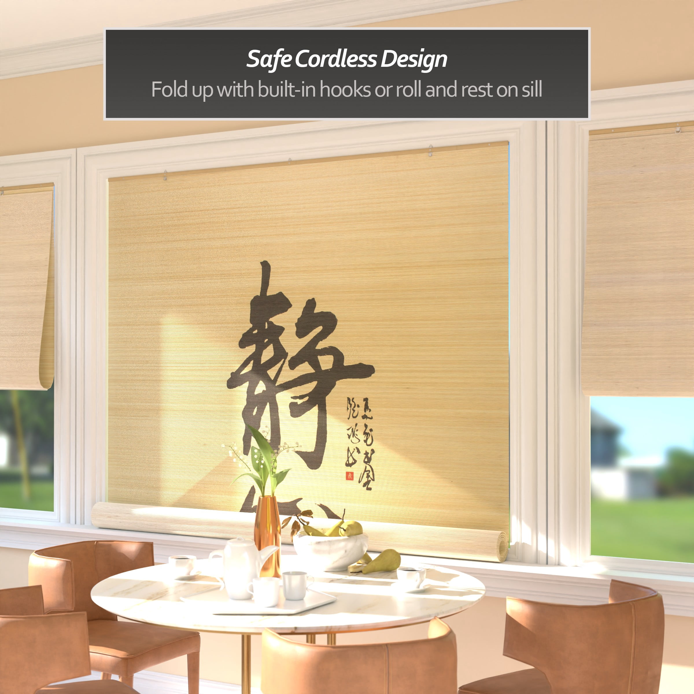Red Lantern Bamboo Window Shade Blind - Calligraphy 72" W