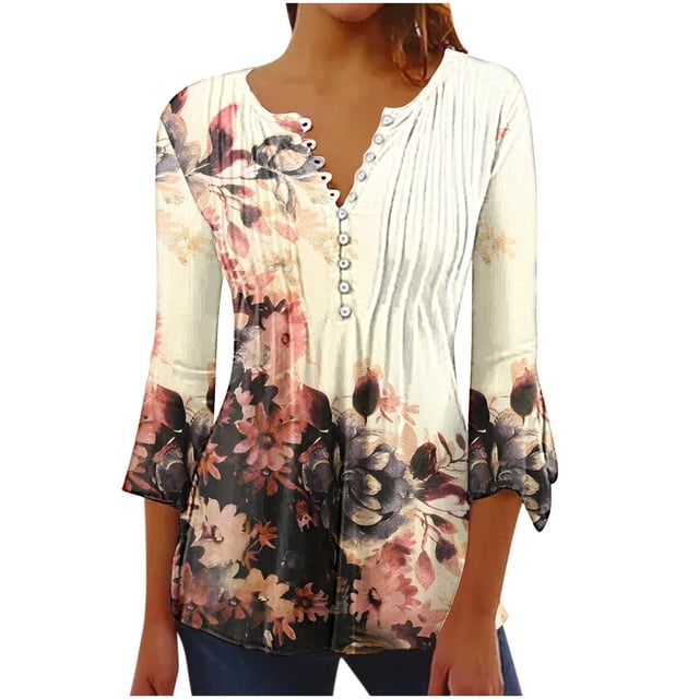 Pompotops Tunique Décontractée à Manches 3/4 Imprimée Florale Col en V pour Femmes Chemises Basiques d'Été Blouse Plissée Liquidation