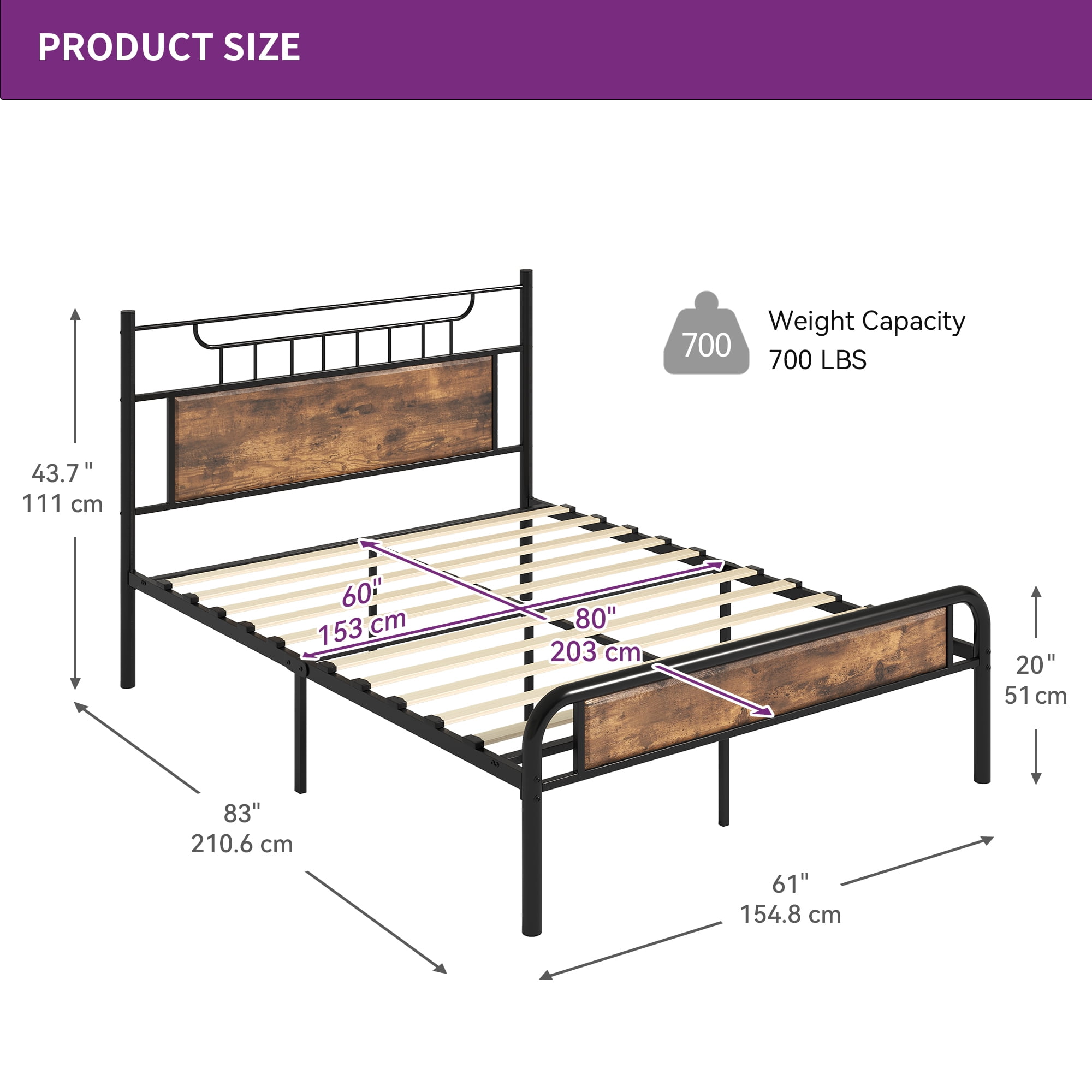 Uforic Farmhouse Queen Metal Platform Bed Frame with Headboard & Soundproof Cotton, Black