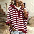 thumbnail image 4 of Women's Striped Hoodie Sweater Elbow Sleeve Henley Oversized Knit Pullover Tops Loose Slouchy Half Button Poncho for Fall Outfits, Wine, L, 4 of 8