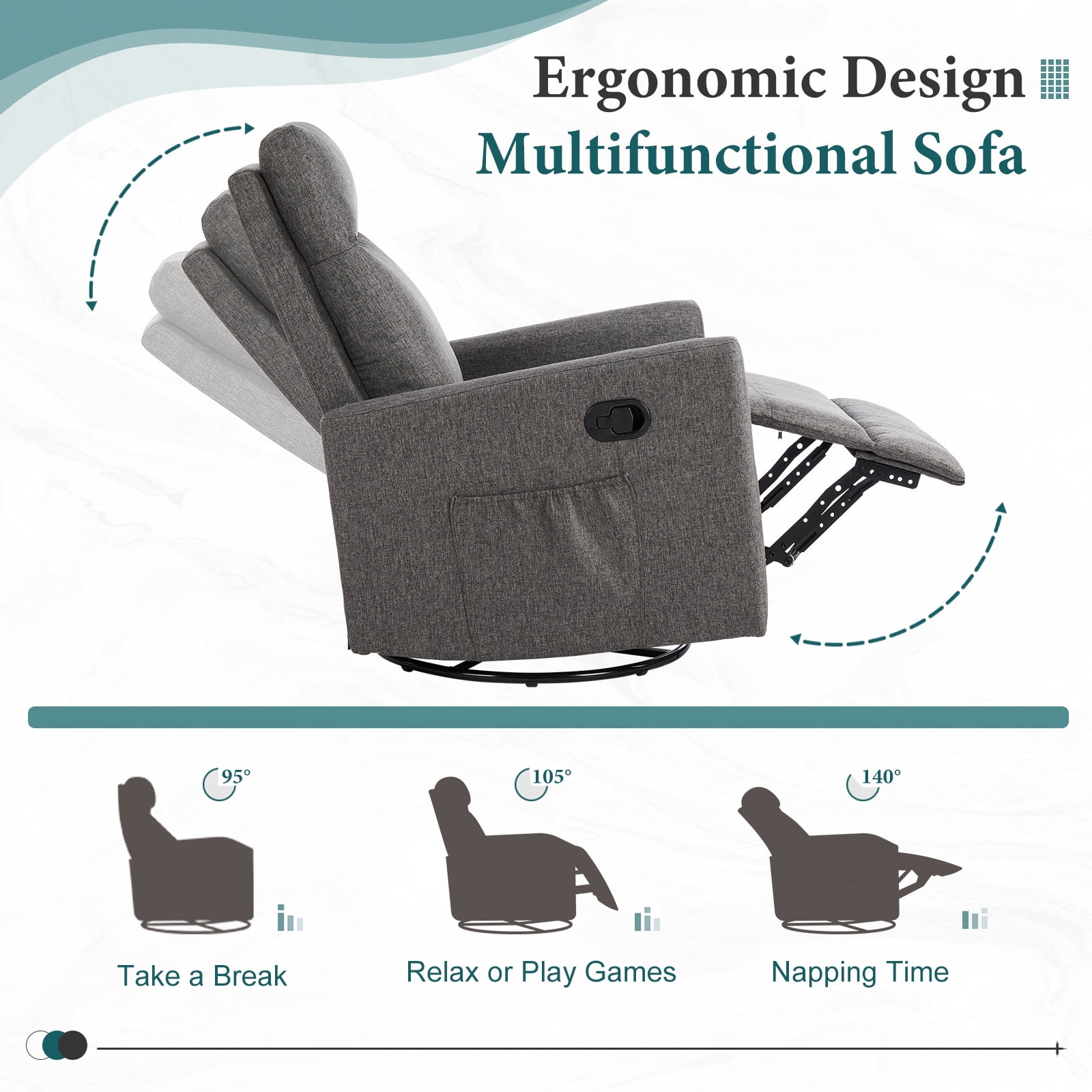 Gianna Adjustable Recliner Chair with Padded Seat, Modern Design for Living Room, Bedroom, Grey