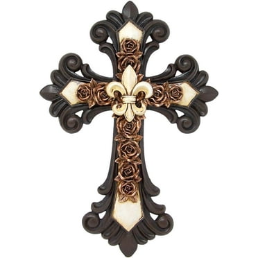 Wowser Brands Elegant White and Copper Tone Decorative Fleur De Lis Resin Wall Cross, 14.5 inches