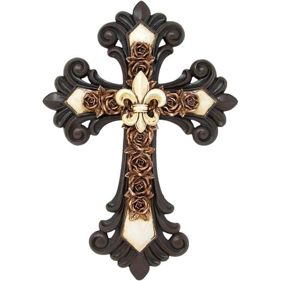 Wowser Brands Elegant White and Copper Tone Decorative Fleur De Lis Resin Wall Cross, 14.5 inches