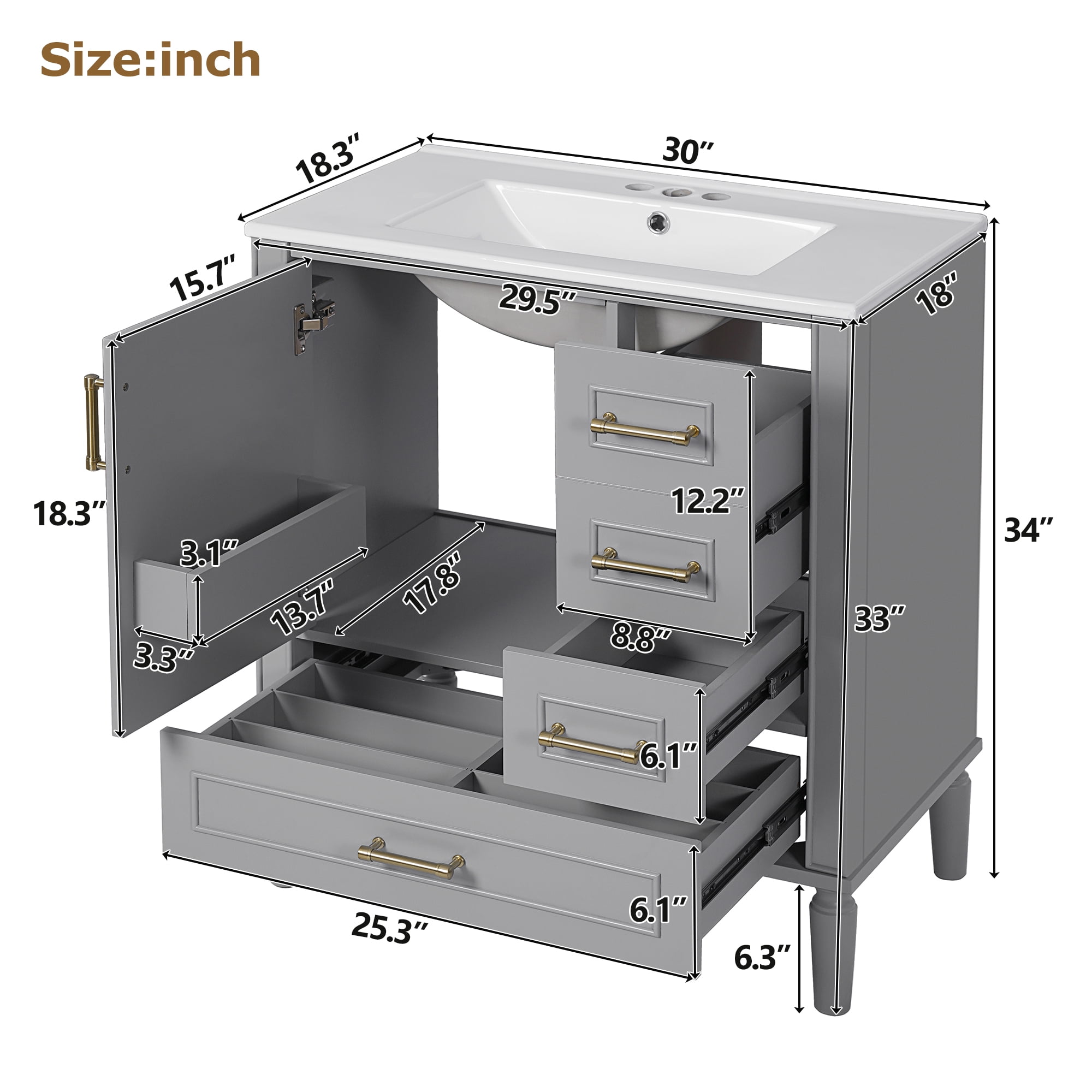 Harper & Bright Designs 30" Bathroom Vanity Sink Combo with Soft Closing Door and 3 Drawers, Bathroom Storage Cabinet with Solid Wood Frame, Gray
