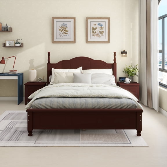 Queen Size Wood Platform Bed Frame,Retro Style Platform Bed with Wooden Slat Support,Dark Walnut