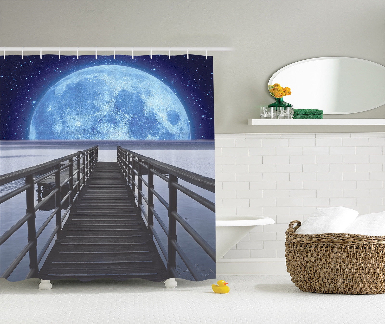 Moonshine Decor Moon and Stars at Night Scene Fabric Shower Curtain Extra Long