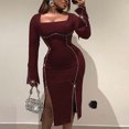 thumbnail image 2 of Mrat Women's Bodycon Dress Long Sleeve Squares Neck Dresses Rhinestones Side Split High Waist Midi Stetchy Bodycon Dress S-231 Wine XXL, 2 of 7