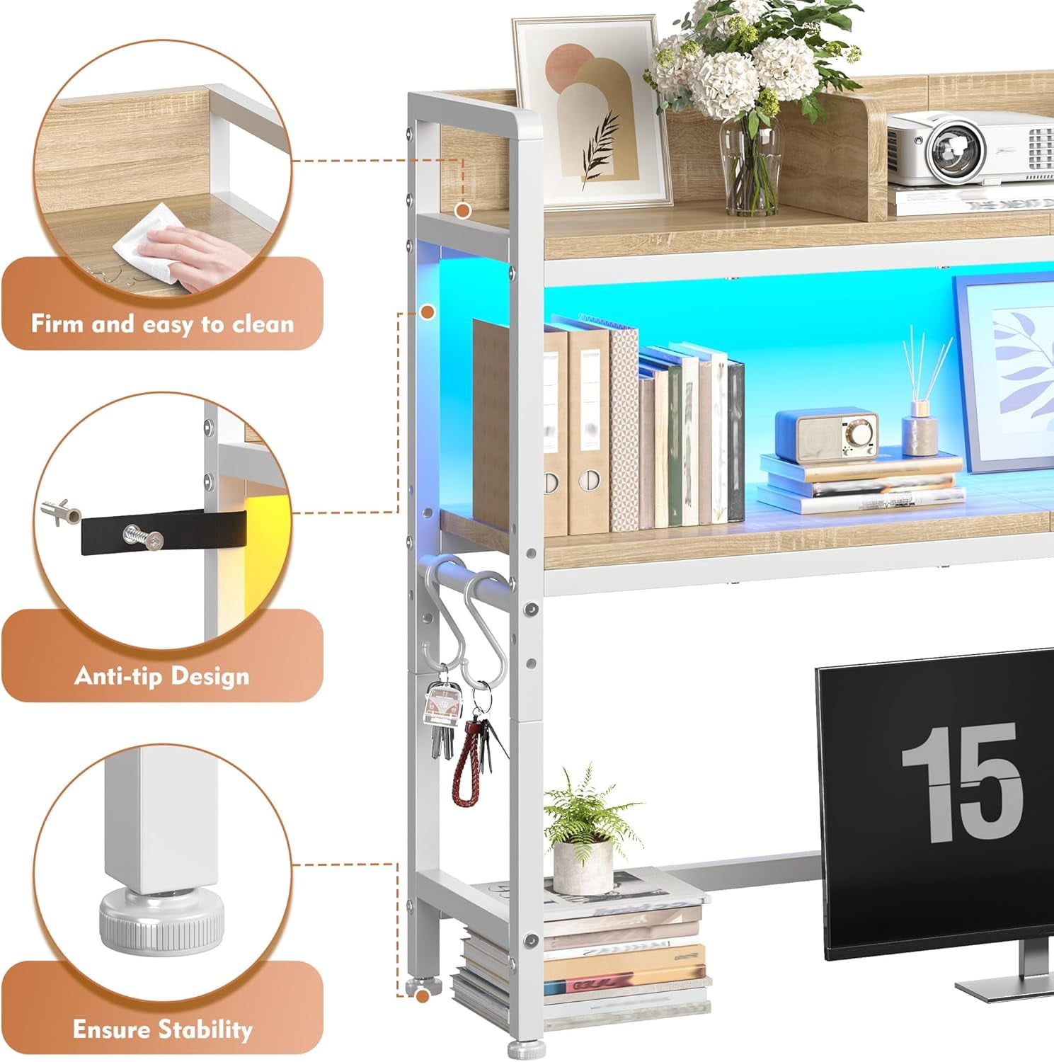 ZYPPP 35.5" Desk Shelf，2-Tier Adjustable Multipurpose Solid Wood Desktop Hutch Shelf，Countertop Storage Organizer Rack with 3 Desktop Display Rack for Dorm,Office Home,White