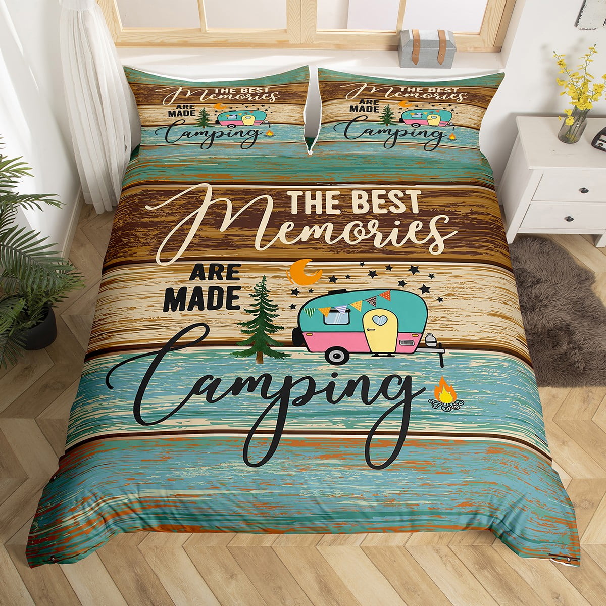 Camping Themed Duvet Cover Full for Family Boys Girls, Rustic Farmhouse