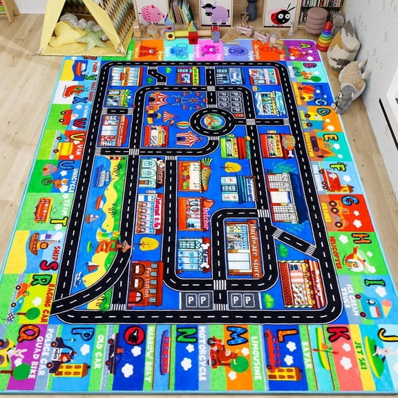 ABC Transportation Kids Rugs 59"×39.4" Animals Play Mat for Toy Cars Playroom