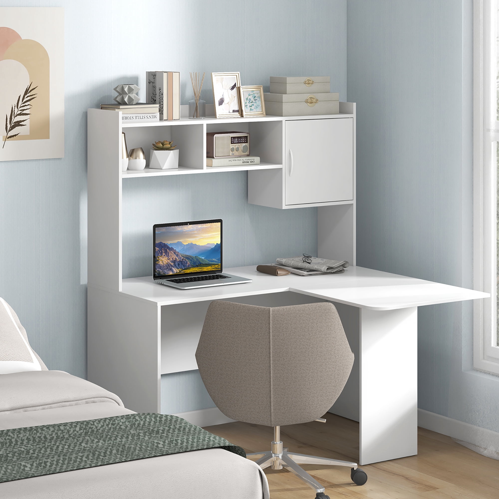 Gymax L-Shaped Desk w/ Open Storage Hutch Corner Computer Desk w/ Shelves & Cabinet