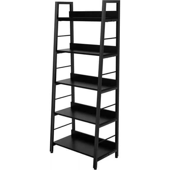 BATHWA 5 Tier Book Shelf, Black  Open Wood and Metal Ladder Bookshelf, 59''H 24''W Wooden Ladder Shelf for Small Places, Living Room, Bedroom
