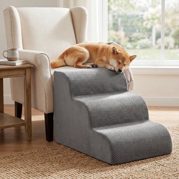 CONCETTA 3-Step Round Edge Pet Stairs Ramp, High-Density Foam Dog Cat Steps, Non-Slip Indoor Ladder for Couch, High Beds, Car, Gray