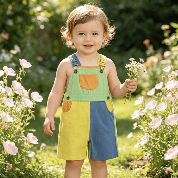 LJEFF Kids Color Block Overalls Shorts, Breathable Summer Casual Adjustable Straps Summer Toddler Jumpsuit Blue Size 3 T