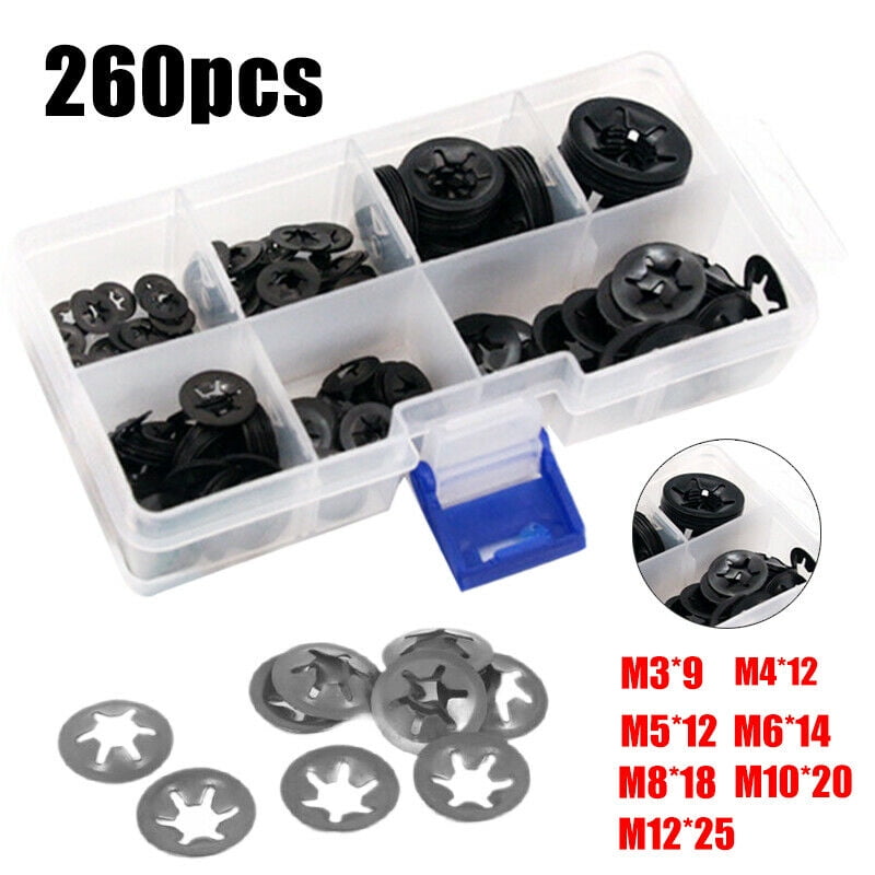 260pcs Star Nut Metal Starlock Pushon Locking Washer Fastener Assorted