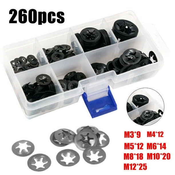 260pcs Star Nut Metal Starlock Pushon Locking Washer Fastener Assorted Kit